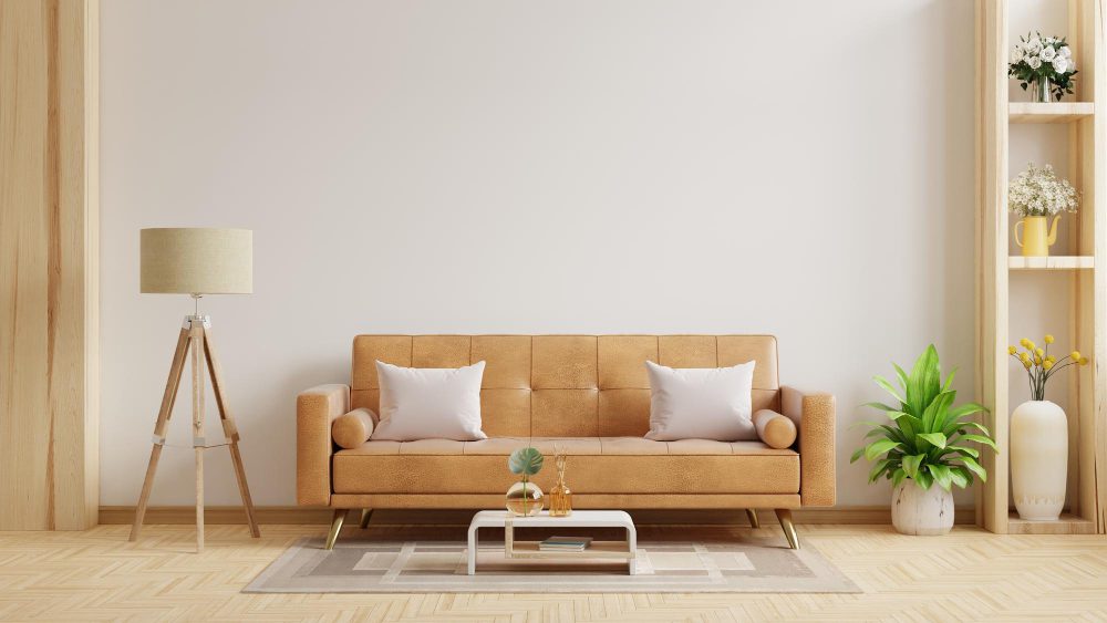 modern living room mock up have orange leather sofa decoration minimal