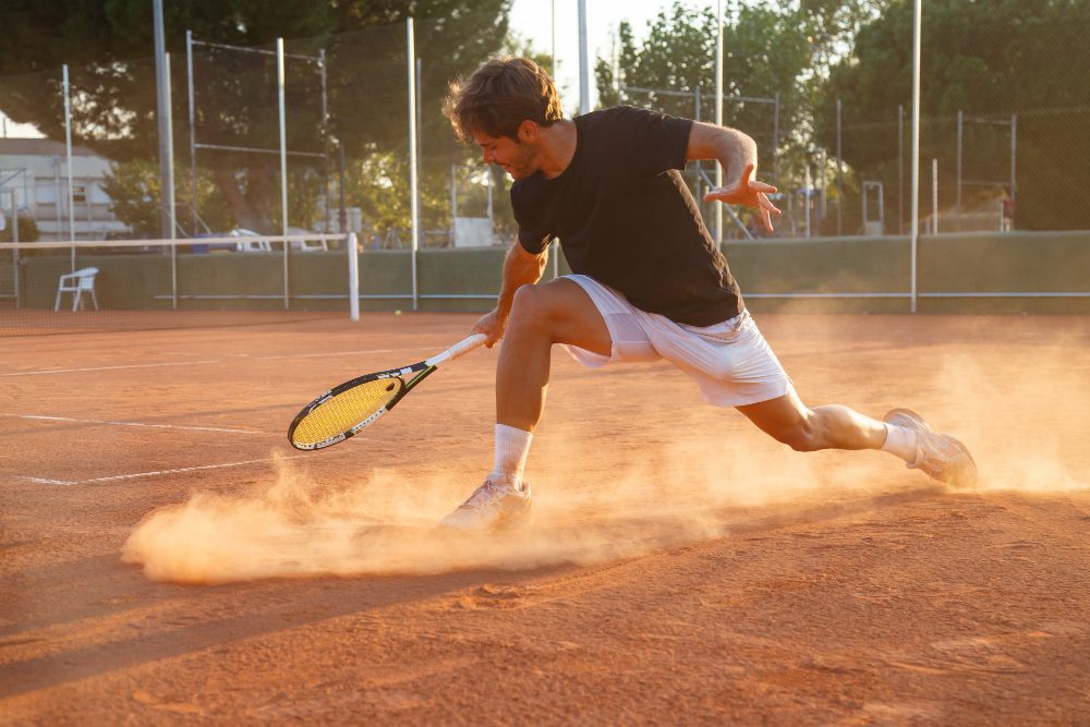 joueur de tennis professionnel homme jouant sur le court l'après-midi