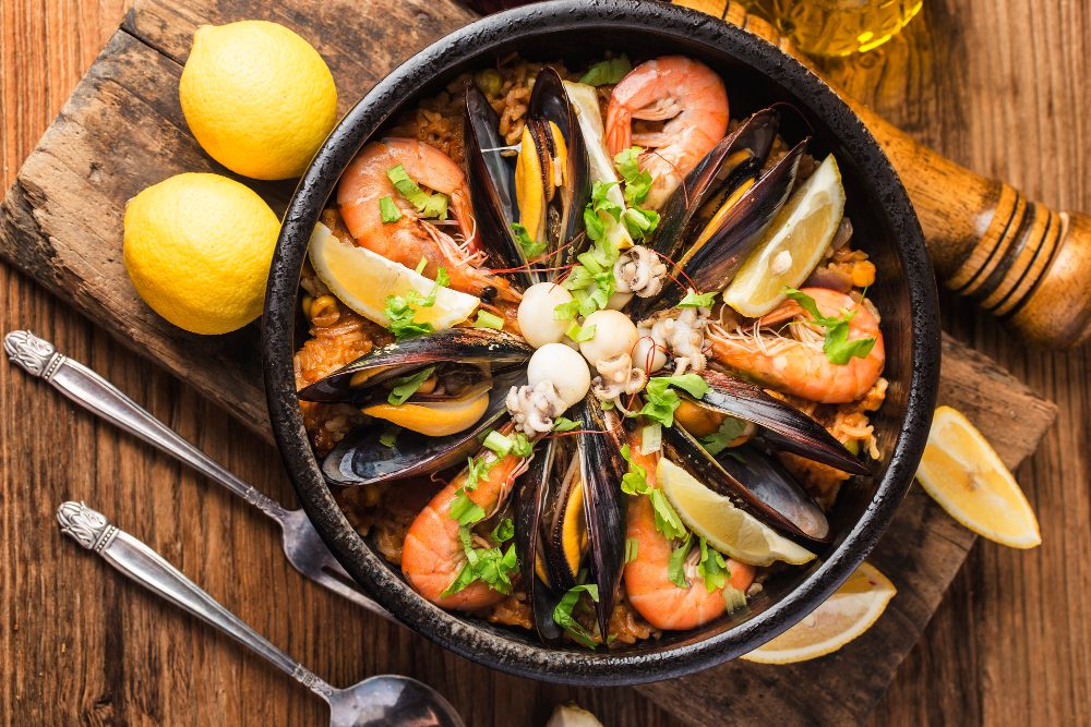 Tasty Spanish paella with seafood