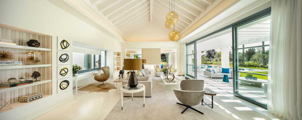 Living room wide panoramic shot. Luxurious Comfort Marbella, Spain