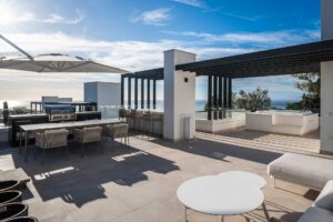 Rooftop terrace (solarium) with jacuzzi, bar, sea and mountain views in Marbella, Spain